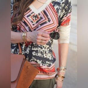 CAbi Aztec Print Silk Scarf Handkerchief Top Long Sleeve V-Neck Loose Fit Boho M